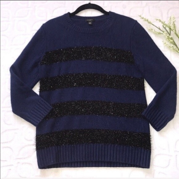ANN TAYLOR Navy Black Stripe Cashmere Sweater Medium Tencel Holiday Christmas - Picture 2 of 6